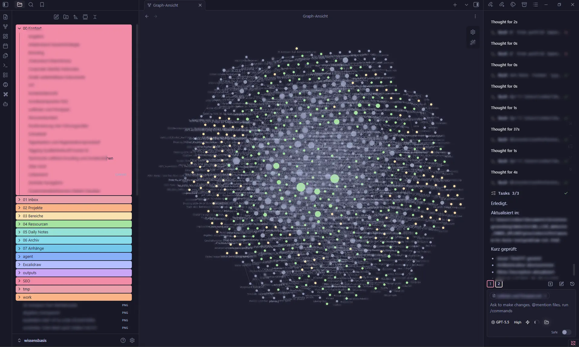 Screenshot der Struktur und Graphen meines Second Brains, Originalbild aus Datenschutzgründen mit KI-überarbeitet.