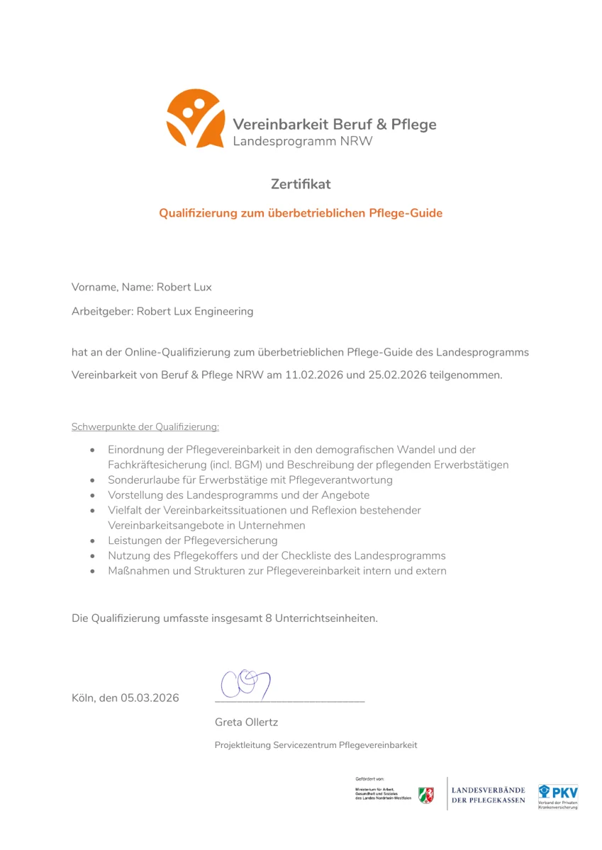 Zertifikat Online-Qualifizierung zum überbetrieblichen Pflege-Guide für Robert Lux