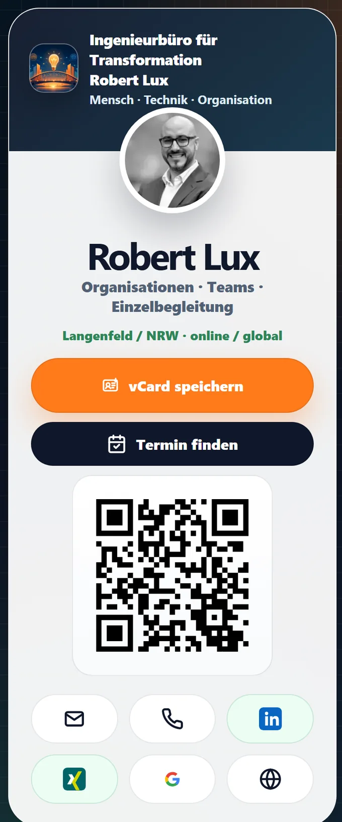 Screenshot der digitalen Visitenkarte von Robert Lux mit QR-Code und Kontaktbuttons
